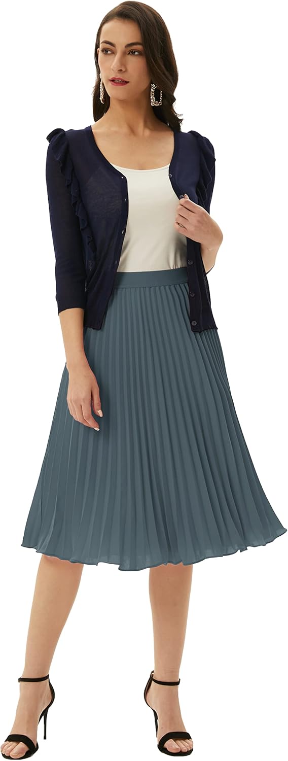 Women High Elastic Waist Pleated Chiffon Skirt Midi Swing A-line Skirts - Picture 40 of 168