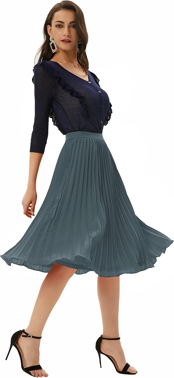 Women High Elastic Waist Pleated Chiffon Skirt Midi Swing A-line Skirts - Picture 41 of 168