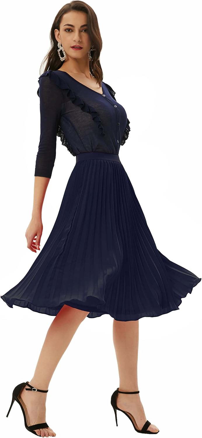 Women High Elastic Waist Pleated Chiffon Skirt Midi Swing A-line Skirts - Picture 45 of 168