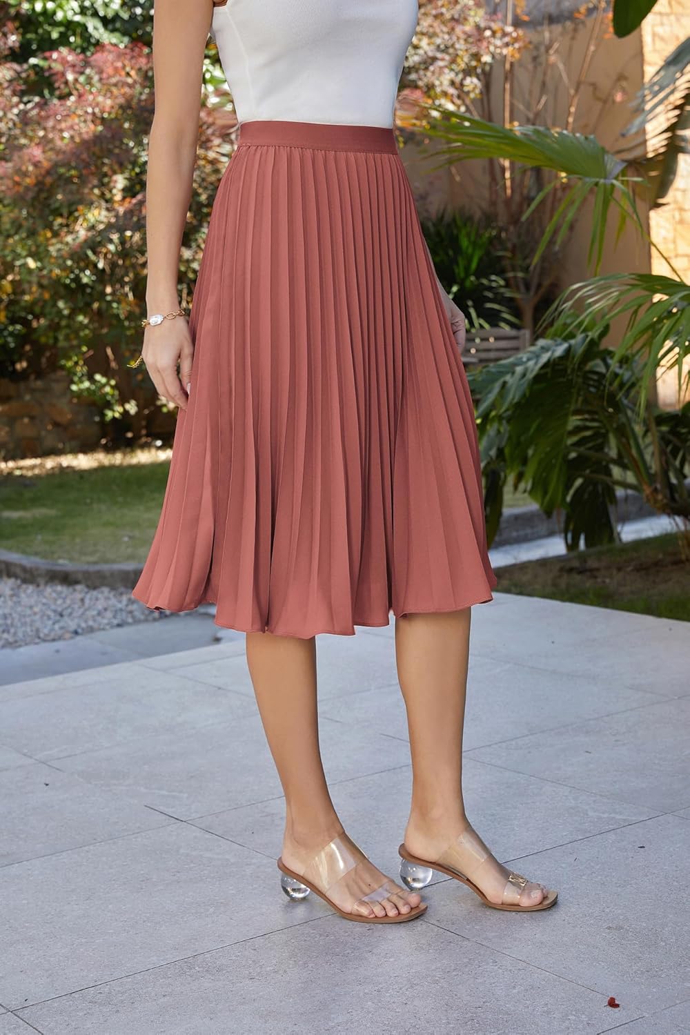 Women High Elastic Waist Pleated Chiffon Skirt Midi Swing A-line Skirts - Picture 61 of 168