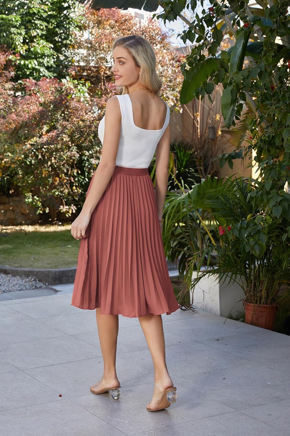 Women High Elastic Waist Pleated Chiffon Skirt Midi Swing A-line Skirts - Picture 62 of 168