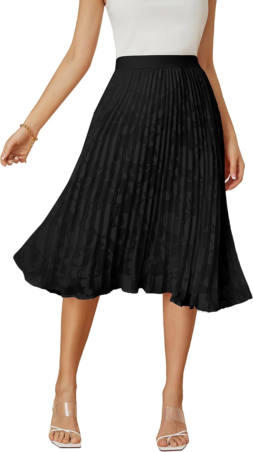 Women High Elastic Waist Pleated Chiffon Skirt Midi Swing A-line Skirts - Picture 67 of 168