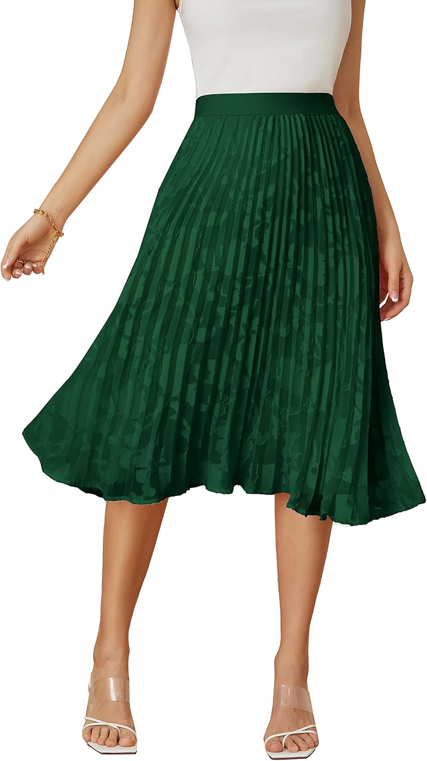 Women High Elastic Waist Pleated Chiffon Skirt Midi Swing A-line Skirts - Picture 71 of 168