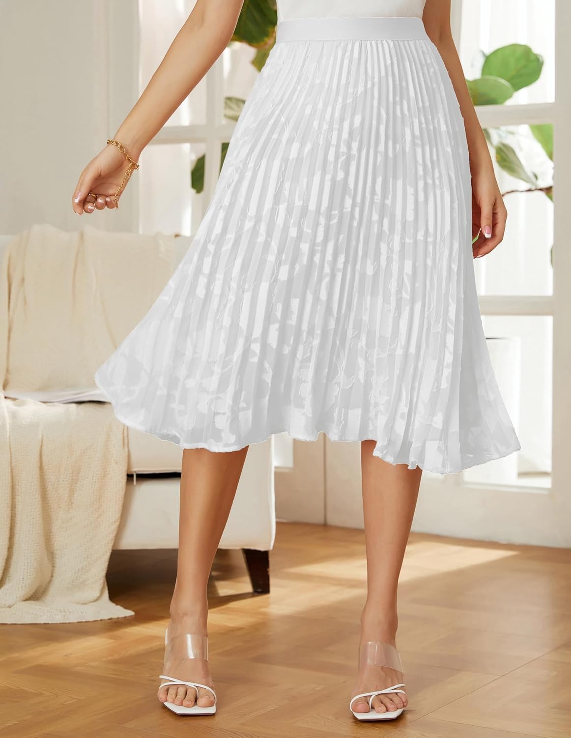 Women High Elastic Waist Pleated Chiffon Skirt Midi Swing A-line Skirts - Picture 98 of 168