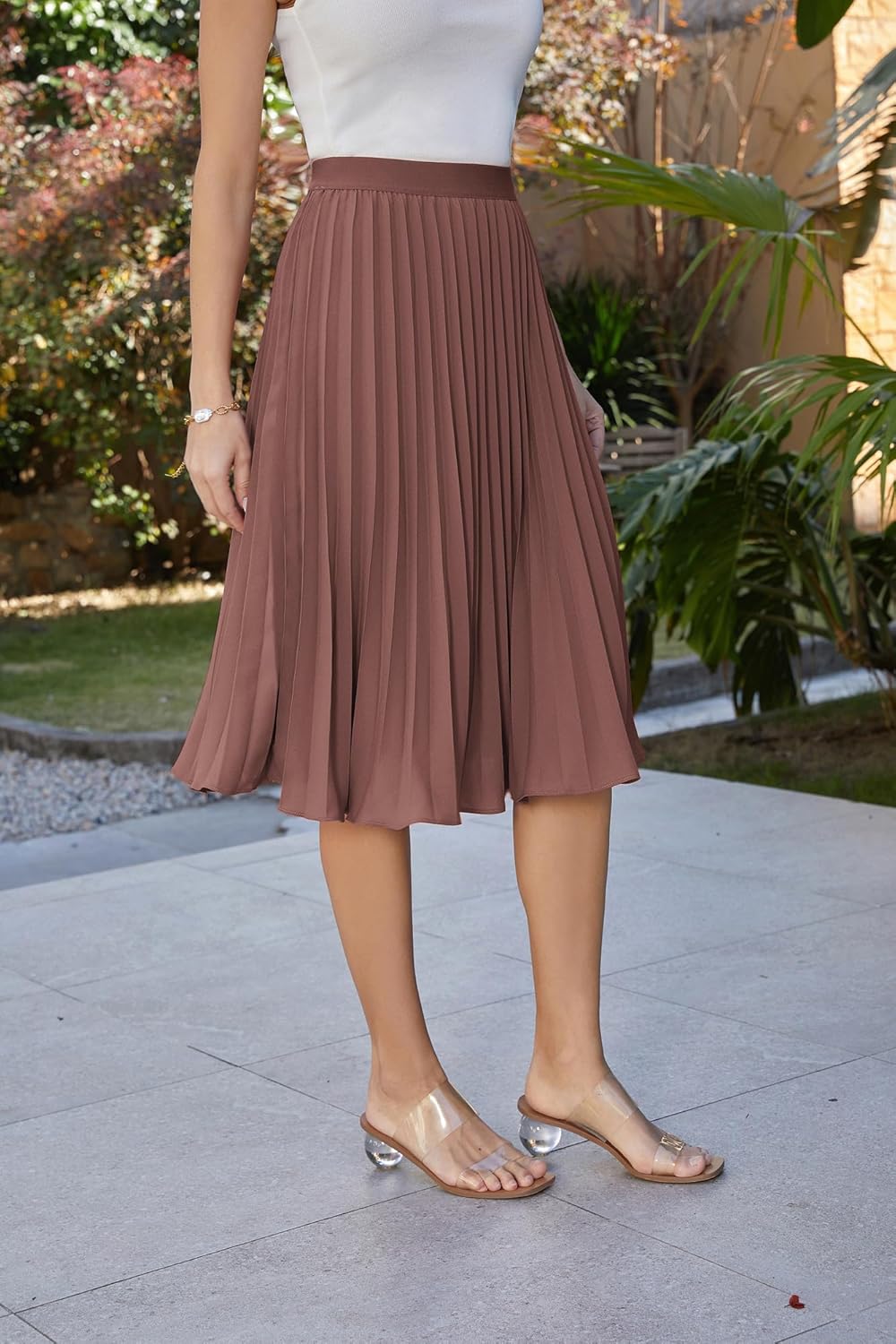 Women High Elastic Waist Pleated Chiffon Skirt Midi Swing A-line Skirts - Picture 112 of 168