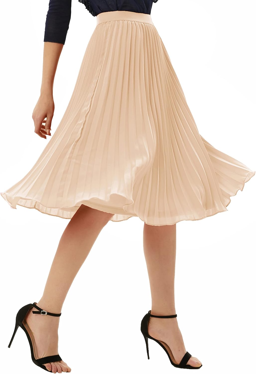 Women High Elastic Waist Pleated Chiffon Skirt Midi Swing A-line Skirts - Picture 119 of 168