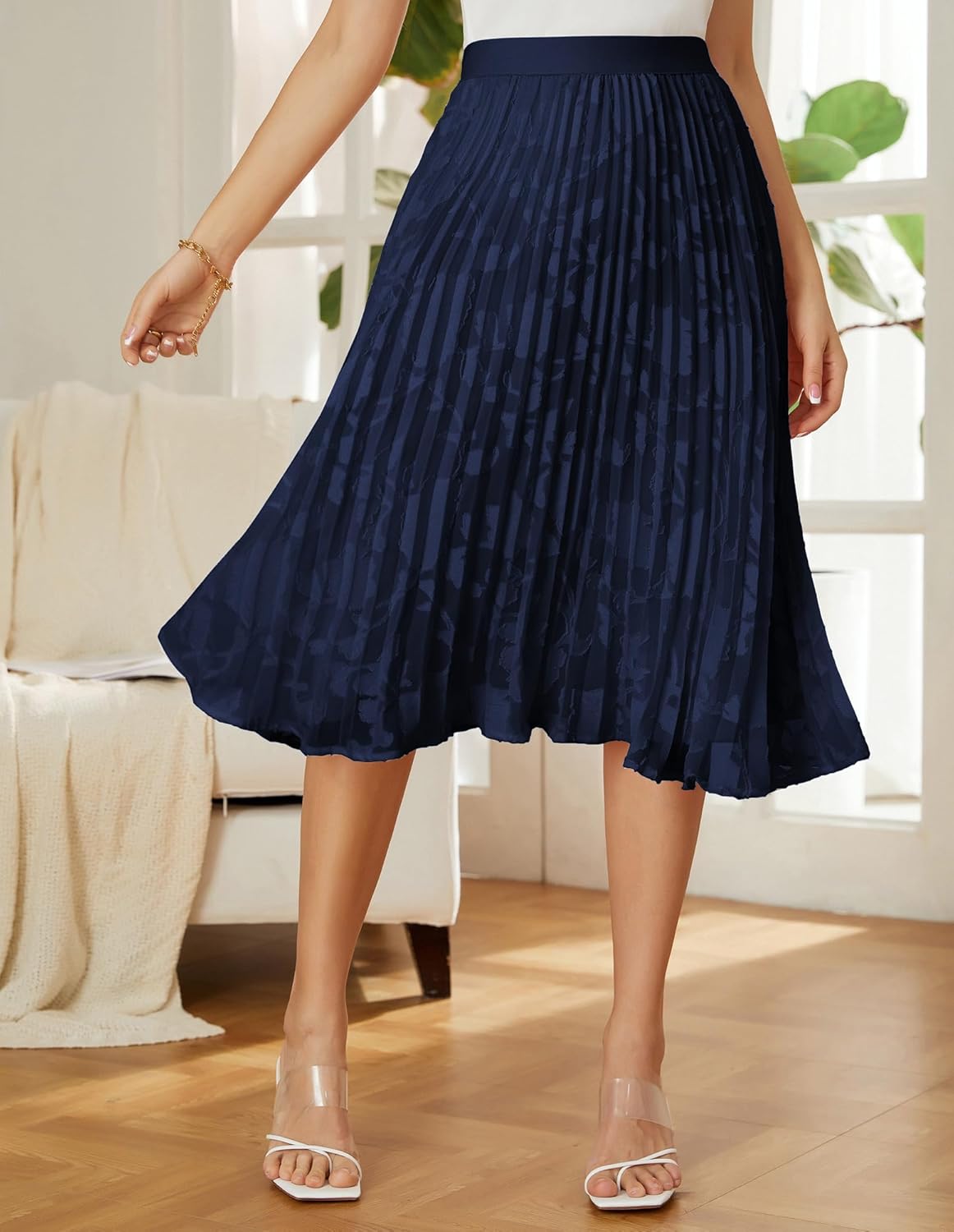 Women High Elastic Waist Pleated Chiffon Skirt Midi Swing A-line Skirts - Picture 130 of 168