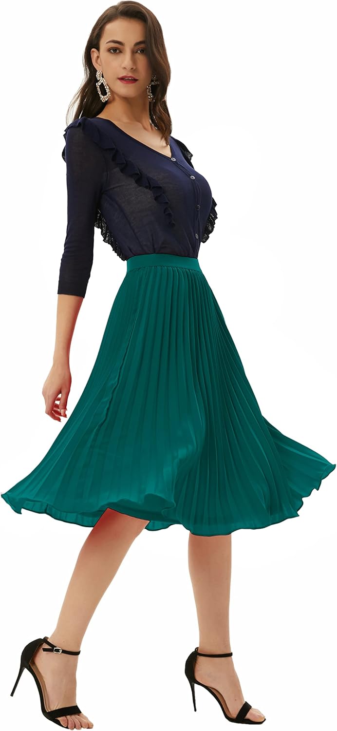 Women High Elastic Waist Pleated Chiffon Skirt Midi Swing A-line Skirts - Picture 137 of 168