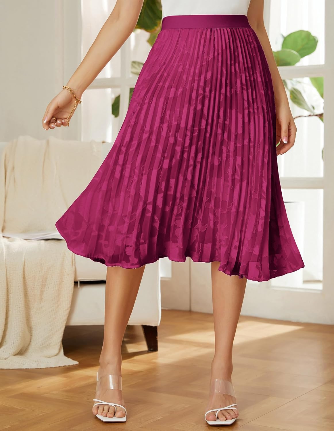 Women High Elastic Waist Pleated Chiffon Skirt Midi Swing A-line Skirts - Picture 144 of 168