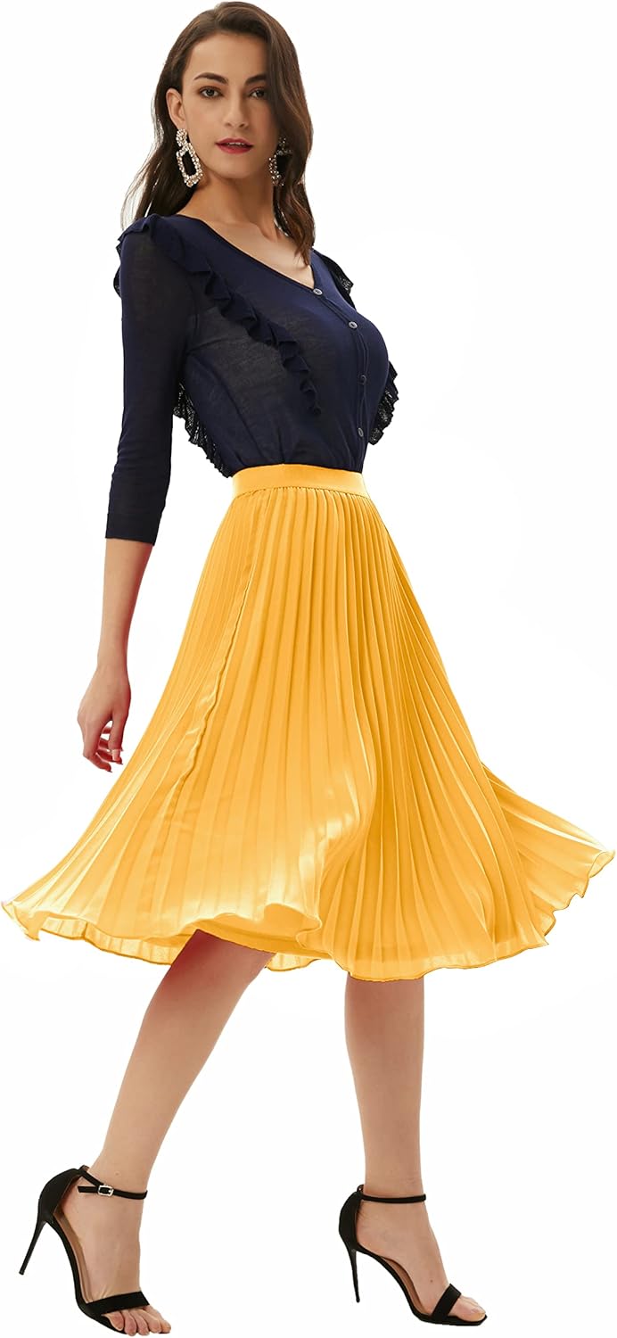 Women High Elastic Waist Pleated Chiffon Skirt Midi Swing A-line Skirts - Picture 157 of 168