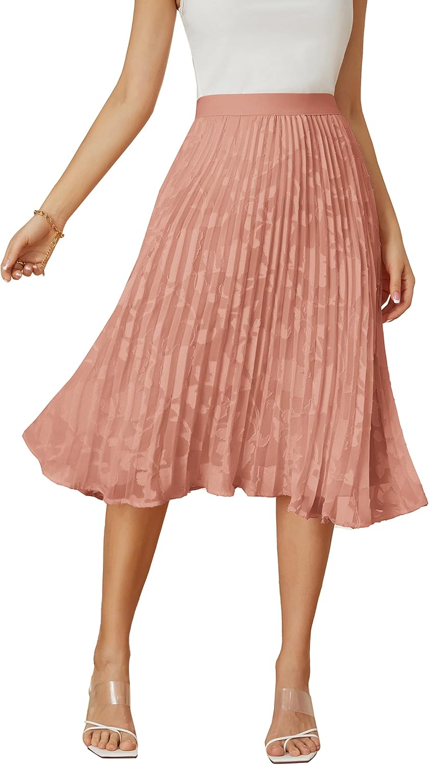 Women High Elastic Waist Pleated Chiffon Skirt Midi Swing A-line Skirts - Picture 160 of 168