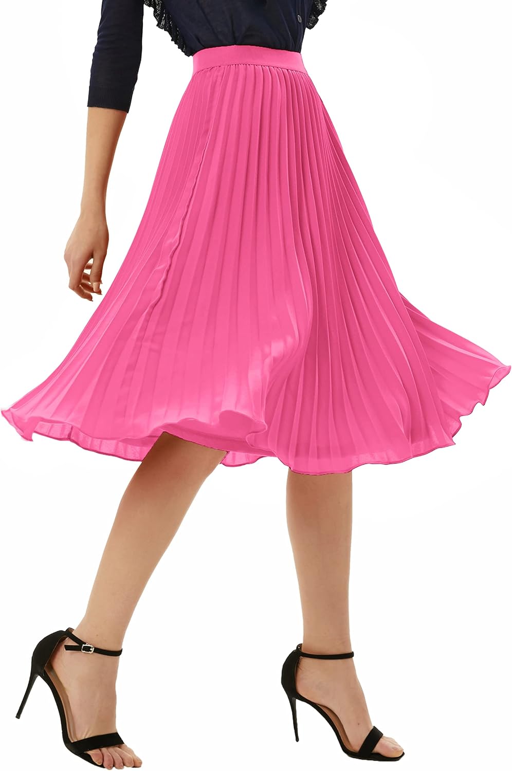 Women High Elastic Waist Pleated Chiffon Skirt Midi Swing A-line Skirts - Picture 165 of 168