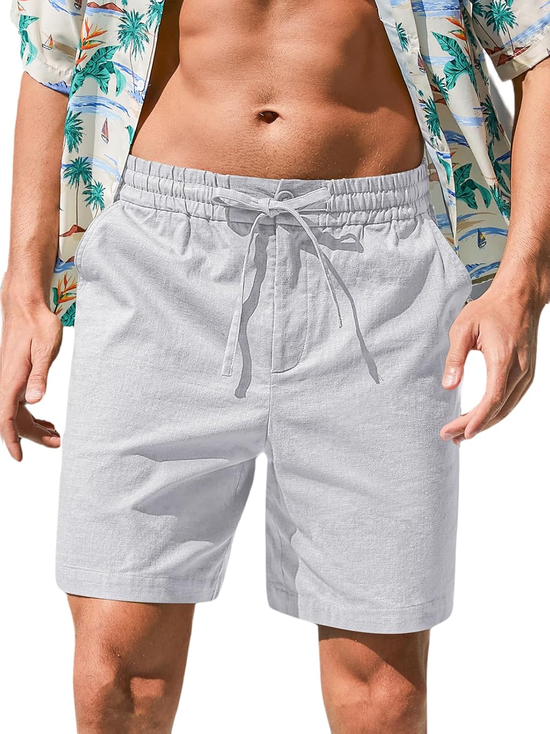 Herren Baumwolle Leinen Shorts Freizeit Kordelzug Shorts Stretch Sommer Strandkleidung - Bild 16 von 67