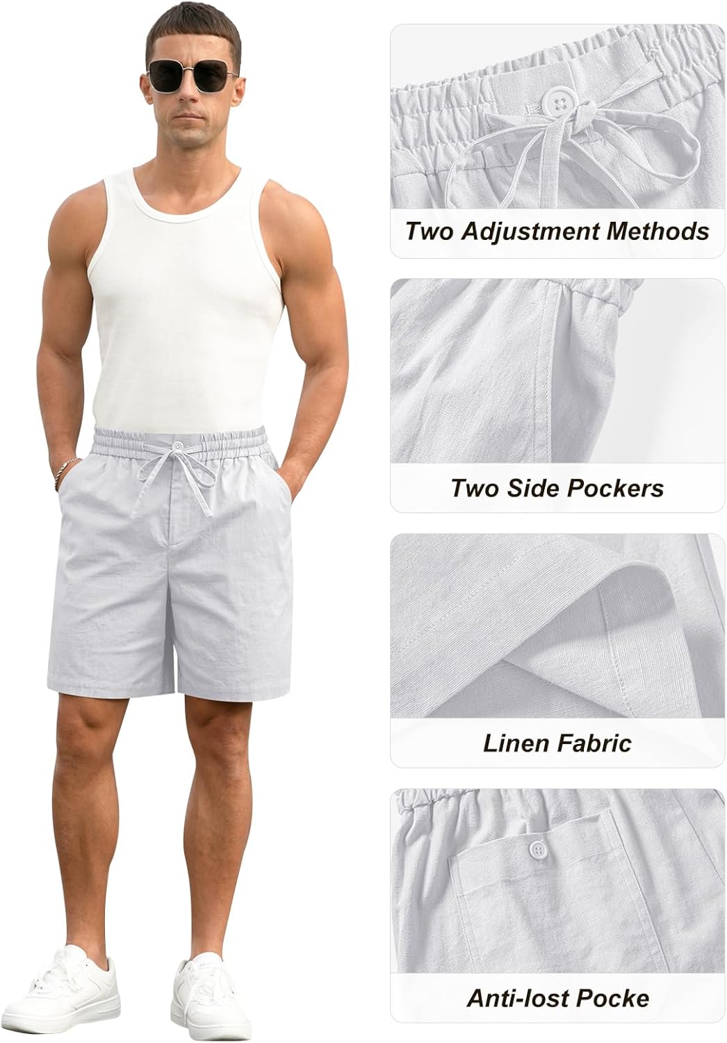 Herren Baumwolle Leinen Shorts Freizeit Kordelzug Shorts Stretch Sommer Strandkleidung - Bild 20 von 67