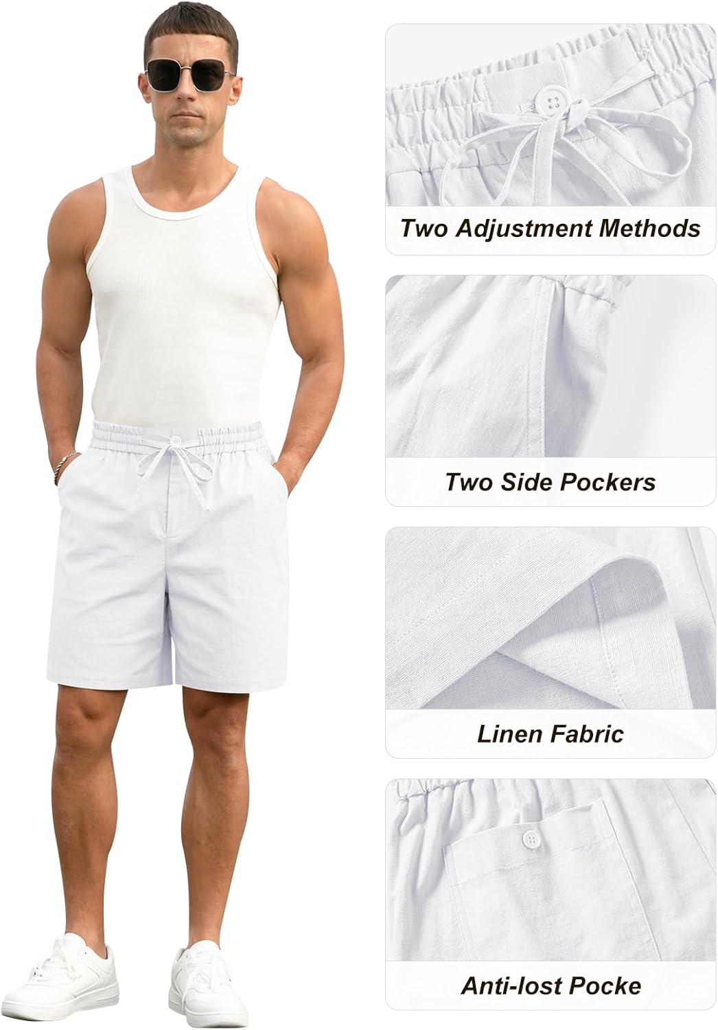 Herren Baumwolle Leinen Shorts Freizeit Kordelzug Shorts Stretch Sommer Strandkleidung - Bild 24 von 67