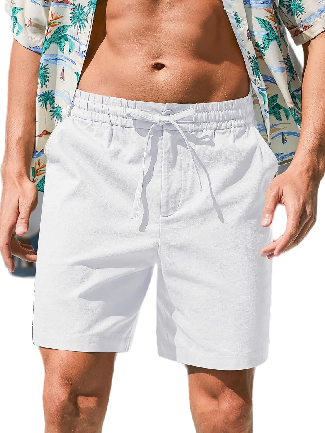 Herren Baumwolle Leinen Shorts Freizeit Kordelzug Shorts Stretch Sommer Strandkleidung - Bild 26 von 67