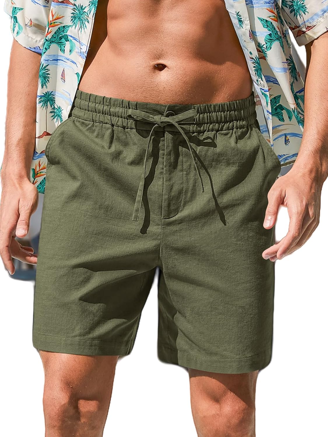Herren Baumwolle Leinen Shorts Freizeit Kordelzug Shorts Stretch Sommer Strandkleidung - Bild 27 von 67
