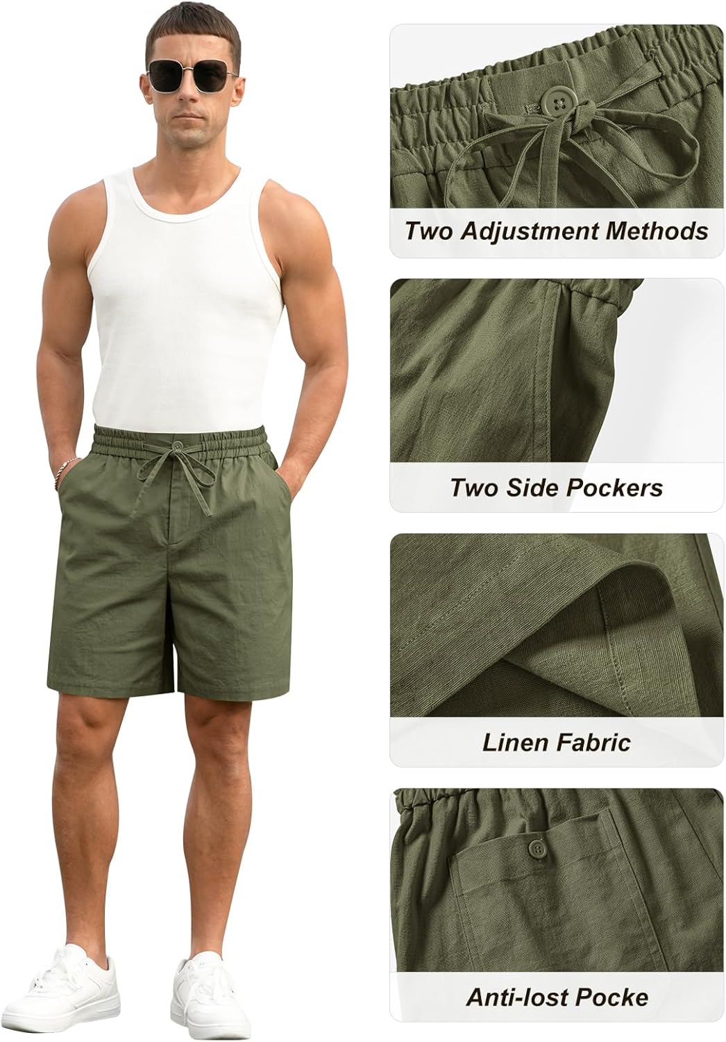 Herren Baumwolle Leinen Shorts Freizeit Kordelzug Shorts Stretch Sommer Strandkleidung - Bild 31 von 67