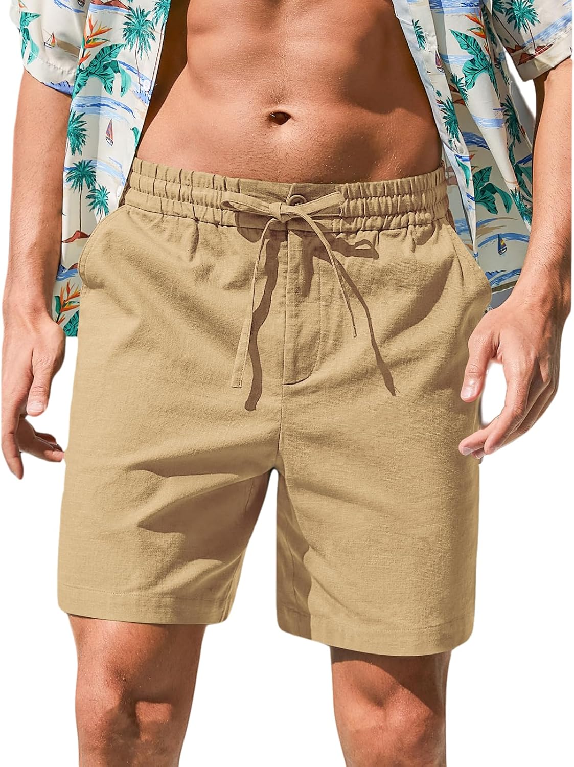 Herren Baumwolle Leinen Shorts Freizeit Kordelzug Shorts Stretch Sommer Strandkleidung - Bild 32 von 67