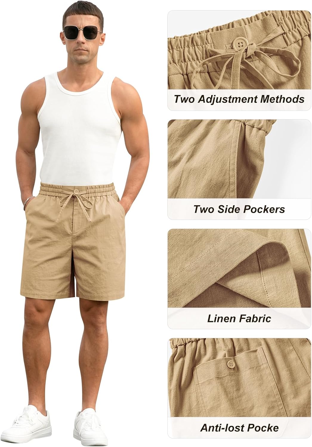 Herren Baumwolle Leinen Shorts Freizeit Kordelzug Shorts Stretch Sommer Strandkleidung - Bild 34 von 67