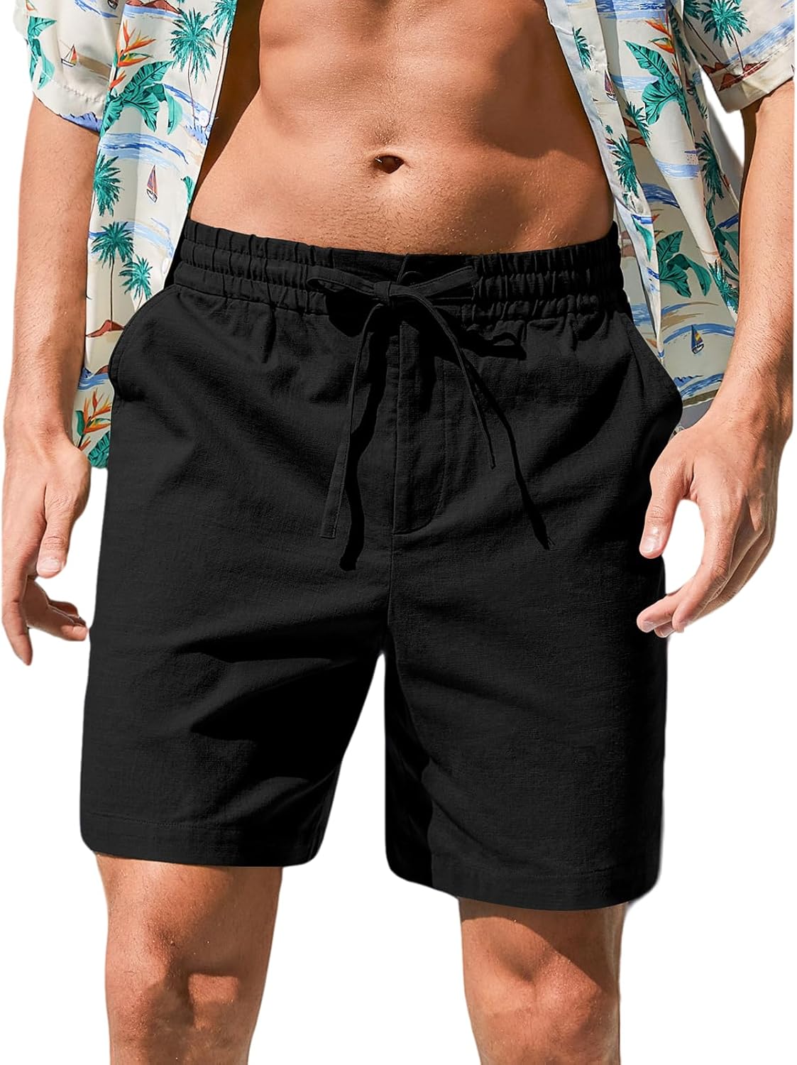 Herren Baumwolle Leinen Shorts Freizeit Kordelzug Shorts Stretch Sommer Strandkleidung - Bild 37 von 67