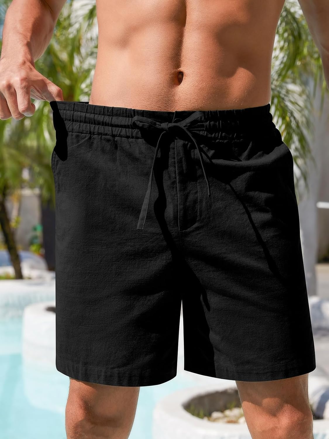 Herren Baumwolle Leinen Shorts Freizeit Kordelzug Shorts Stretch Sommer Strandkleidung - Bild 38 von 67