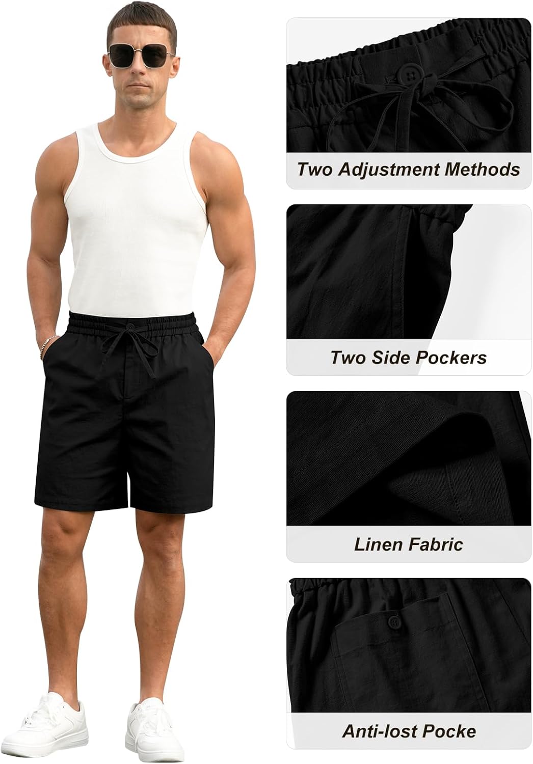 Herren Baumwolle Leinen Shorts Freizeit Kordelzug Shorts Stretch Sommer Strandkleidung - Bild 39 von 67