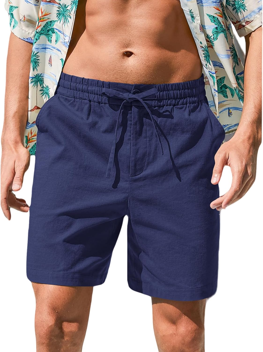 Herren Baumwolle Leinen Shorts Freizeit Kordelzug Shorts Stretch Sommer Strandkleidung - Bild 42 von 67