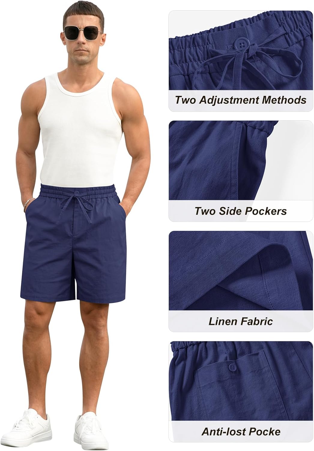 Herren Baumwolle Leinen Shorts Freizeit Kordelzug Shorts Stretch Sommer Strandkleidung - Bild 44 von 67