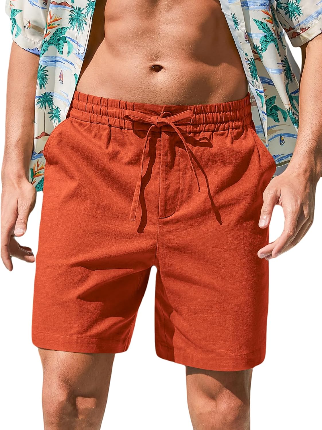 Herren Baumwolle Leinen Shorts Freizeit Kordelzug Shorts Stretch Sommer Strandkleidung - Bild 47 von 67