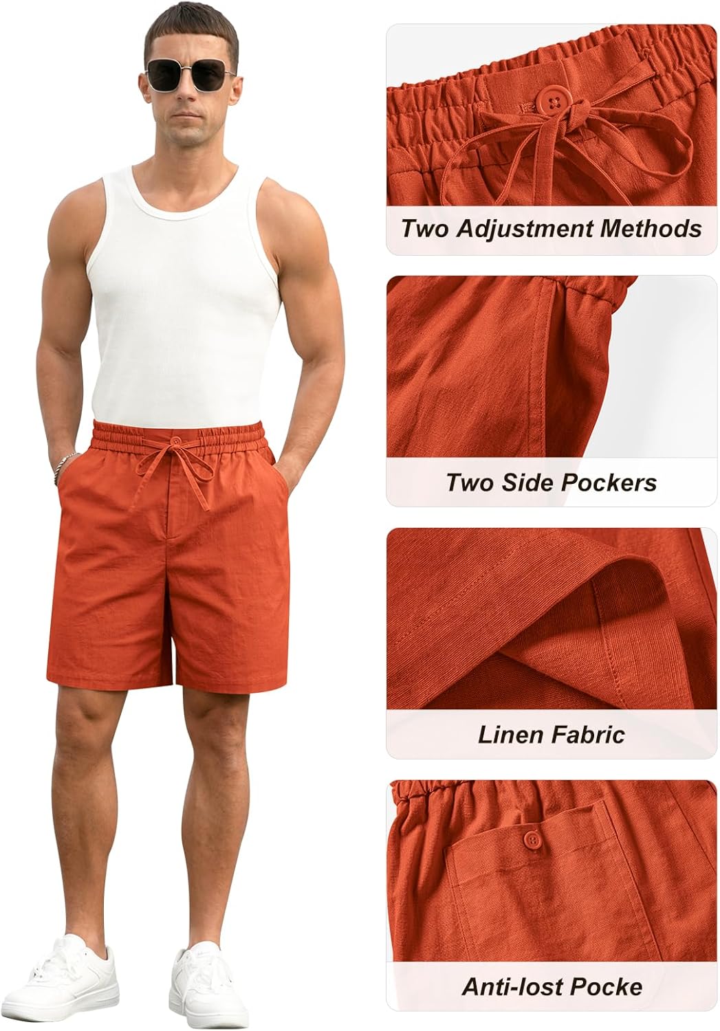 Herren Baumwolle Leinen Shorts Freizeit Kordelzug Shorts Stretch Sommer Strandkleidung - Bild 51 von 67