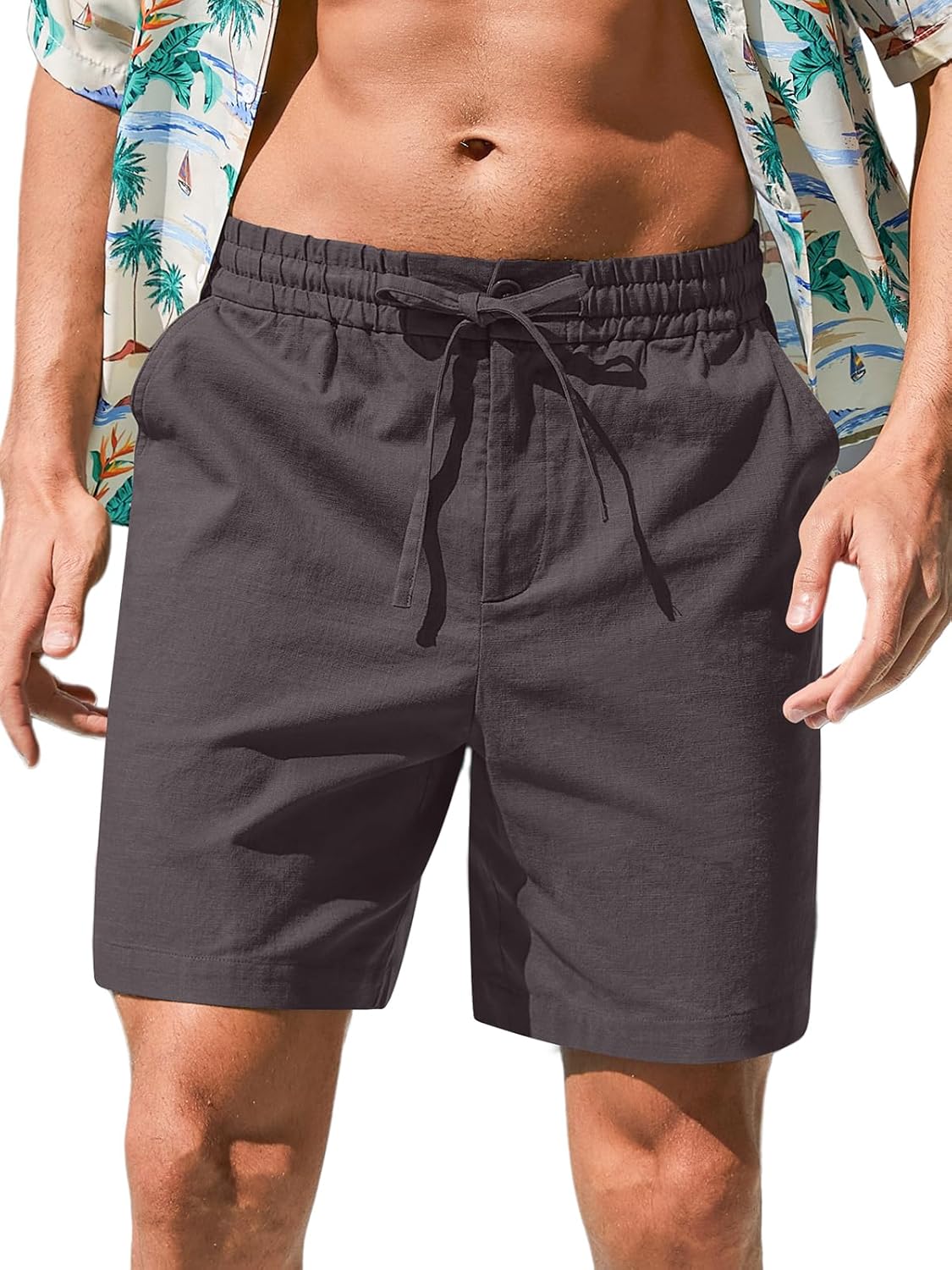 Herren Baumwolle Leinen Shorts Freizeit Kordelzug Shorts Stretch Sommer Strandkleidung - Bild 52 von 67
