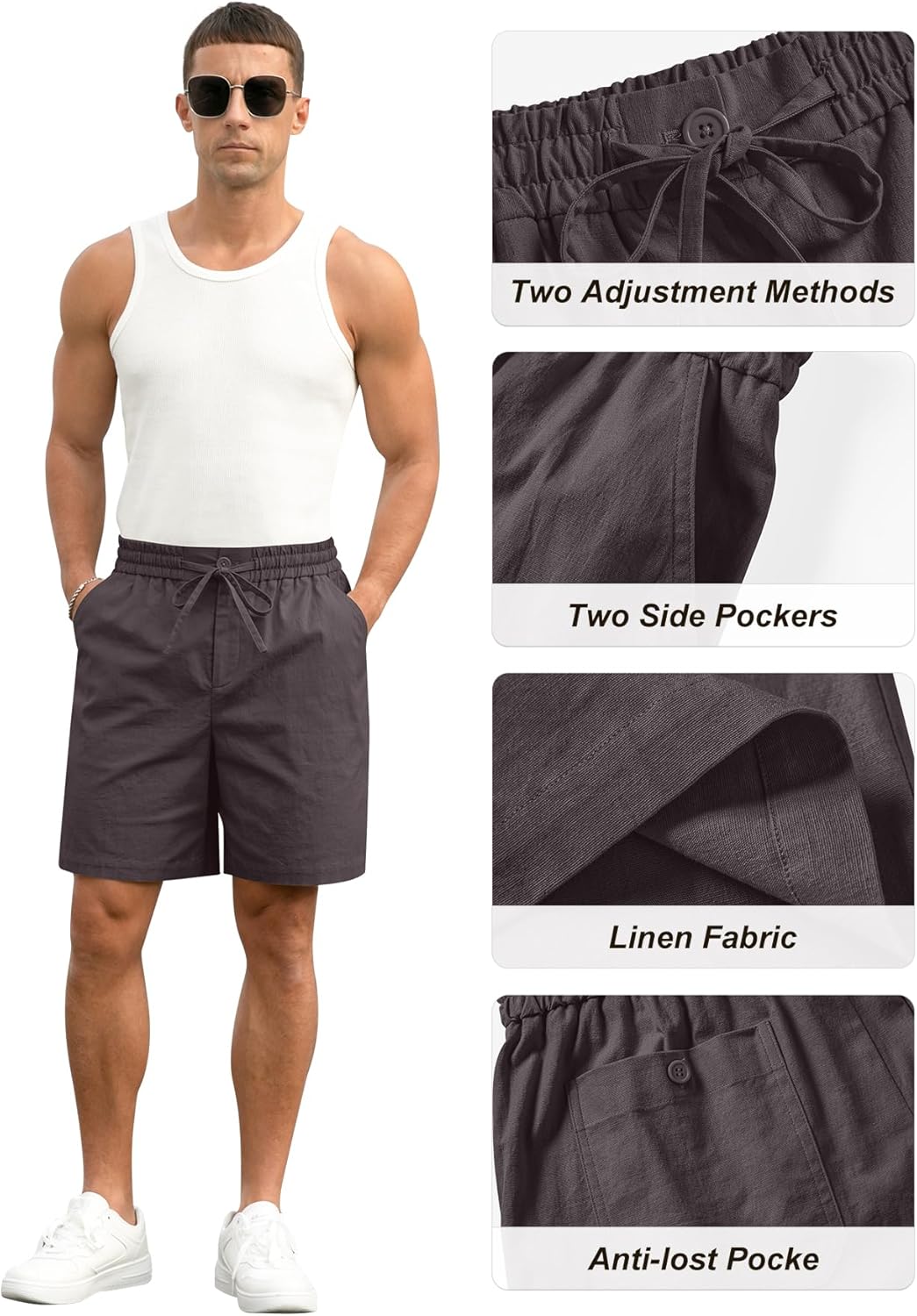 Herren Baumwolle Leinen Shorts Freizeit Kordelzug Shorts Stretch Sommer Strandkleidung - Bild 55 von 67