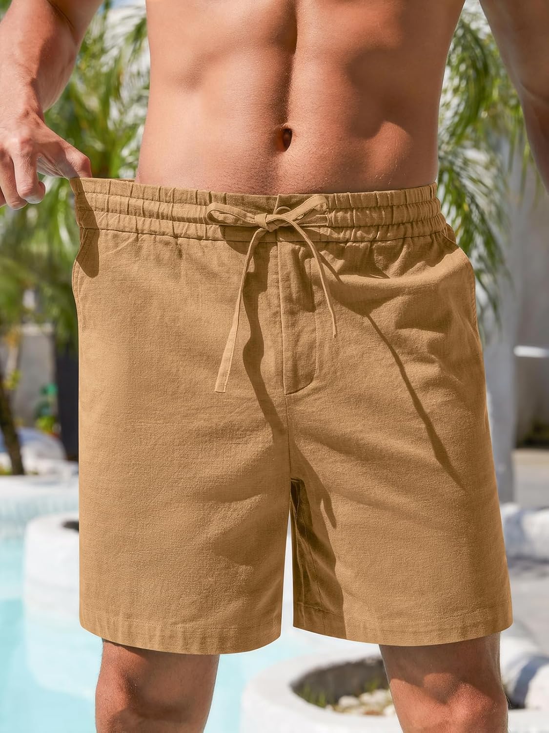 Herren Baumwolle Leinen Shorts Freizeit Kordelzug Shorts Stretch Sommer Strandkleidung - Bild 59 von 67