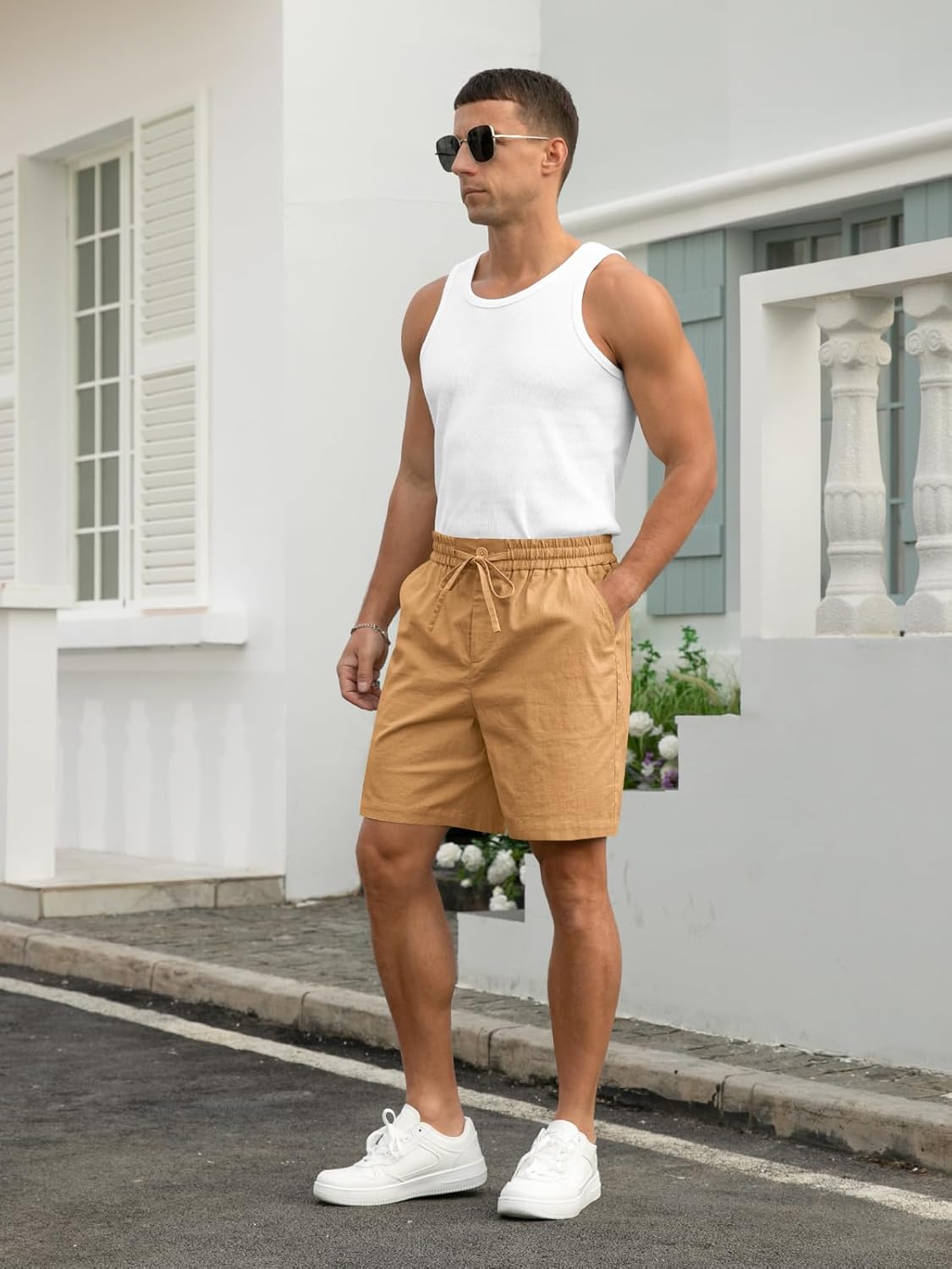 Herren Baumwolle Leinen Shorts Freizeit Kordelzug Shorts Stretch Sommer Strandkleidung - Bild 61 von 67
