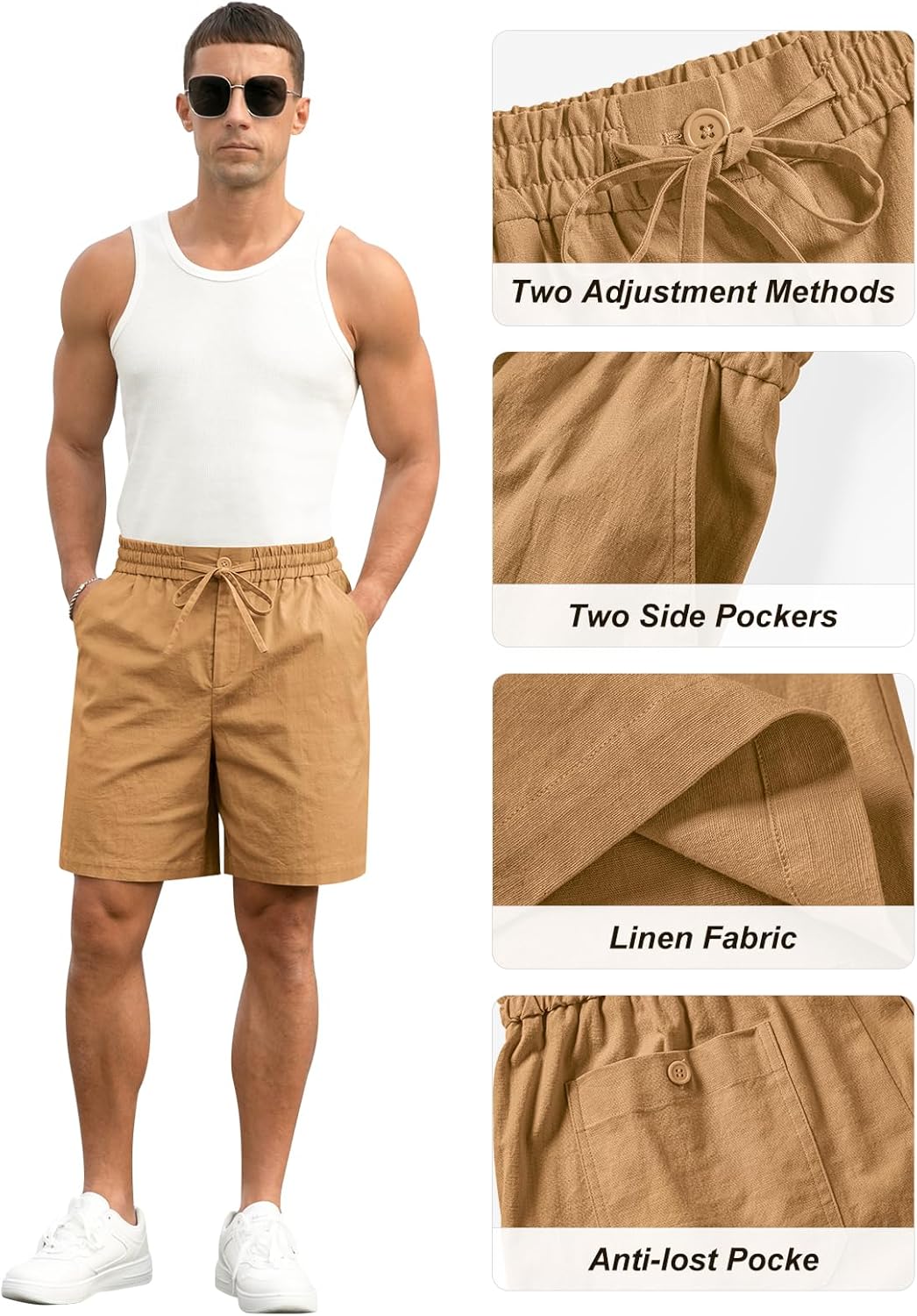 Herren Baumwolle Leinen Shorts Freizeit Kordelzug Shorts Stretch Sommer Strandkleidung - Bild 62 von 67