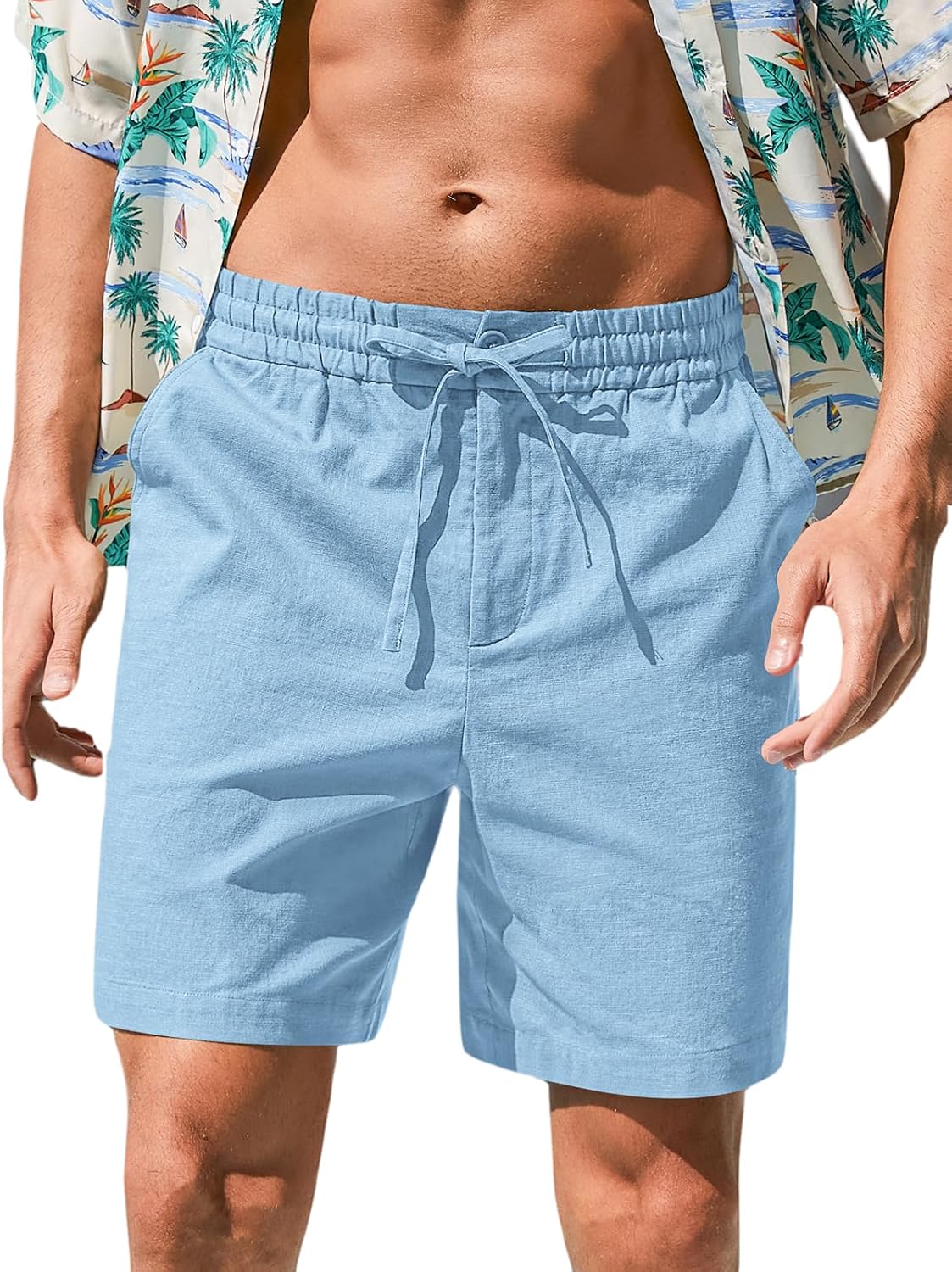 Herren Baumwolle Leinen Shorts Freizeit Kordelzug Shorts Stretch Sommer Strandkleidung - Bild 63 von 67