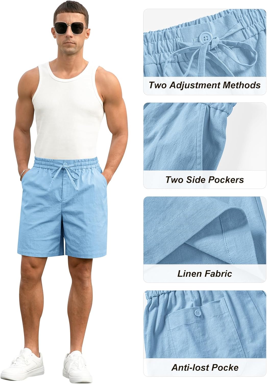 Herren Baumwolle Leinen Shorts Freizeit Kordelzug Shorts Stretch Sommer Strandkleidung - Bild 66 von 67