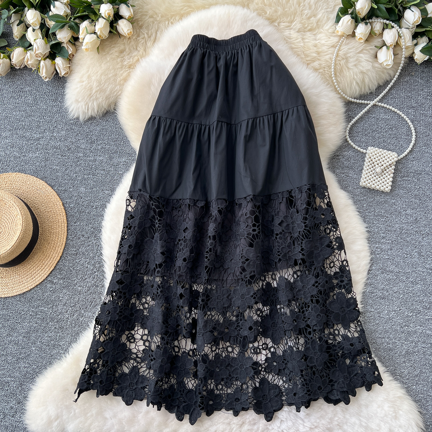 Womens Hollow Out Floral Lace Patchwork High Waist A Line Midi Skirt Party Dress - Picture 27 of 27