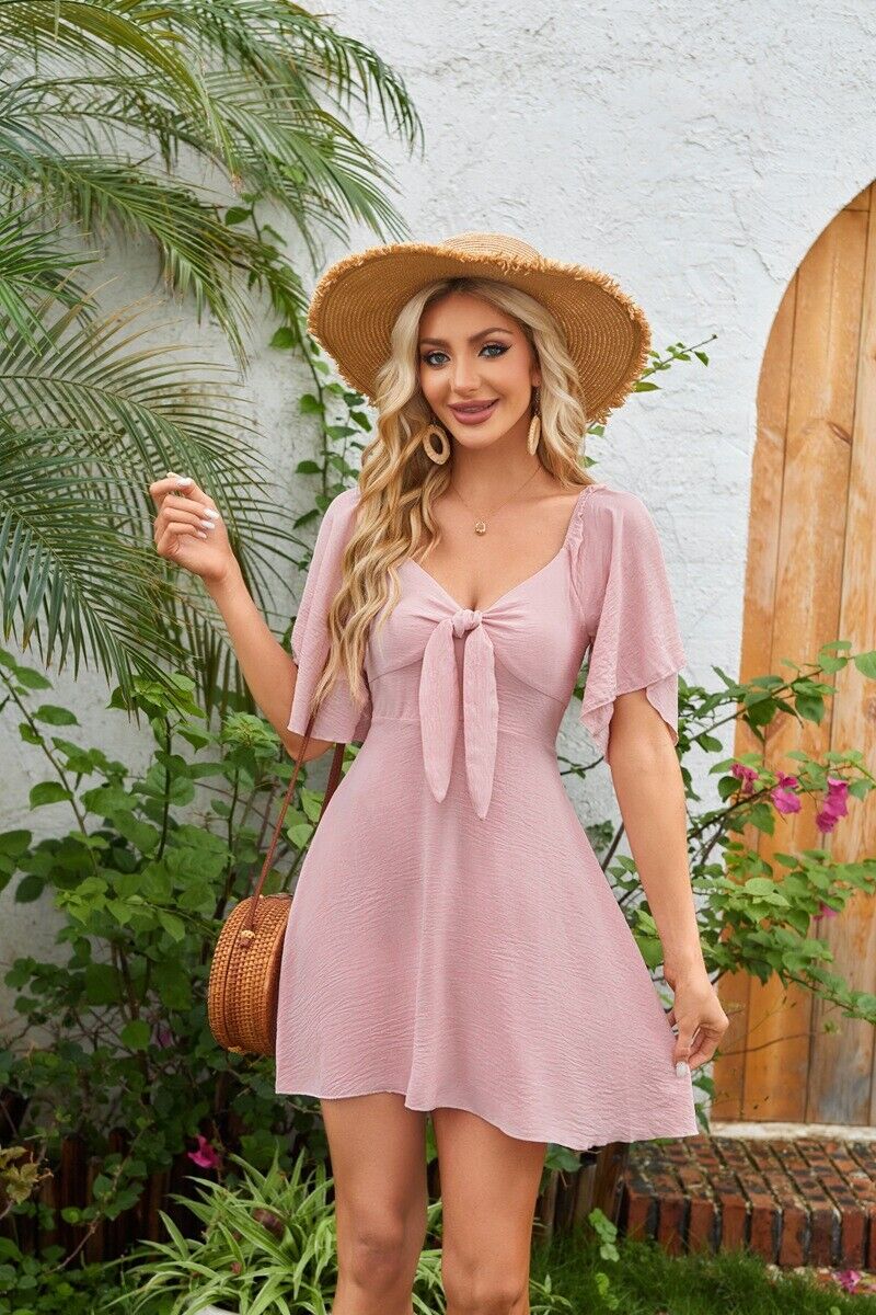 New Womens Dresses 2025 Spring Summer Deep V Neck Elegant Bow tie Mini Dress - Picture 26 of 33