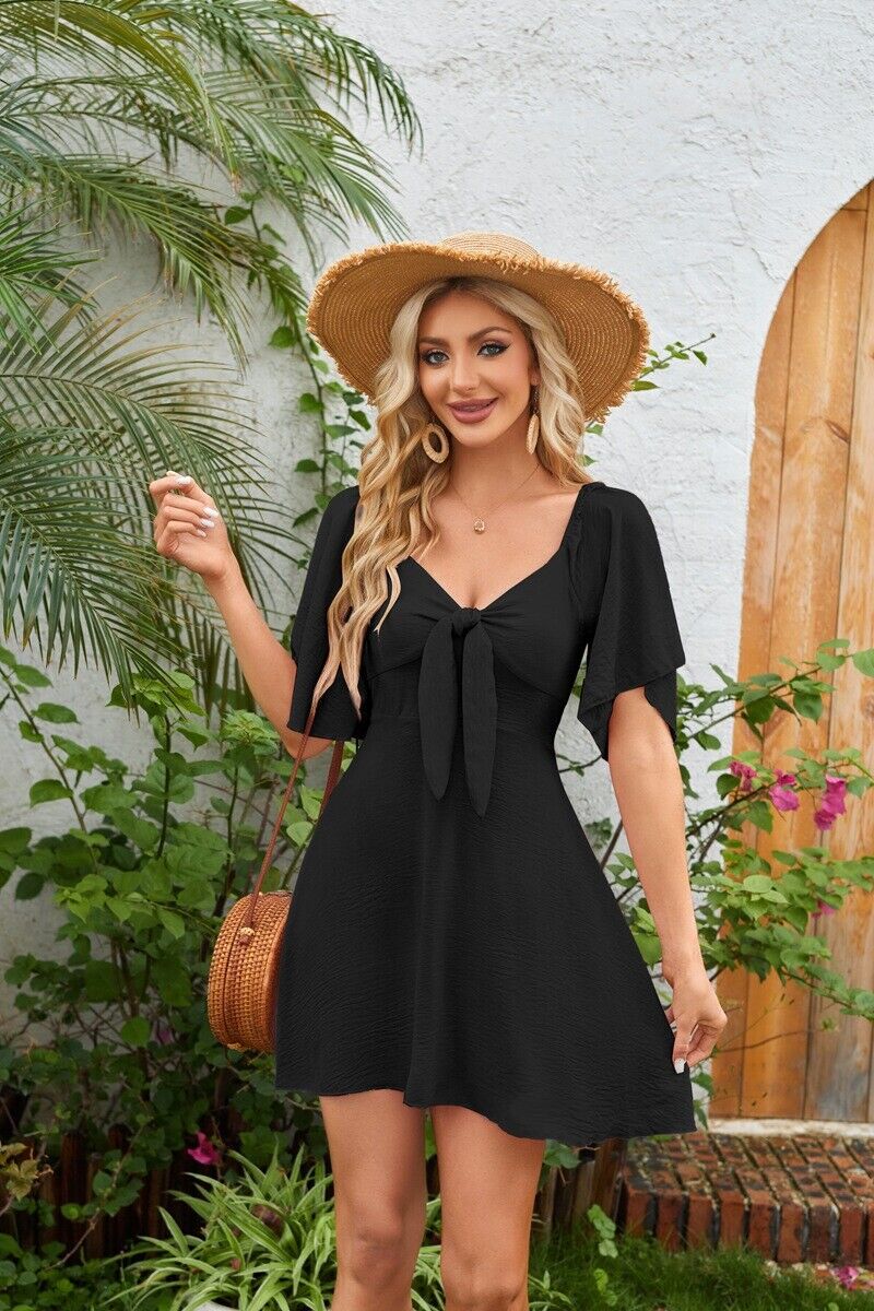 New Womens Dresses 2025 Spring Summer Deep V Neck Elegant Bow tie Mini Dress - Picture 32 of 33