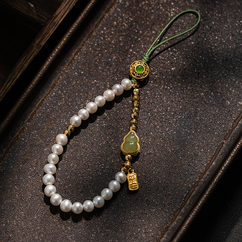Freshwater Pearl Mobile Phone Chain Rope Hotan Jade Gourd Wrist Pendant - 第 6/7 張圖片