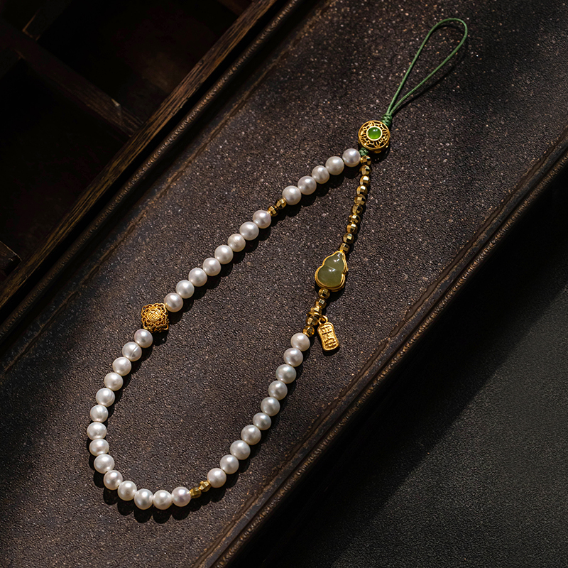 Freshwater Pearl Mobile Phone Chain Rope Hotan Jade Gourd Wrist Pendant - 第 7/7 張圖片