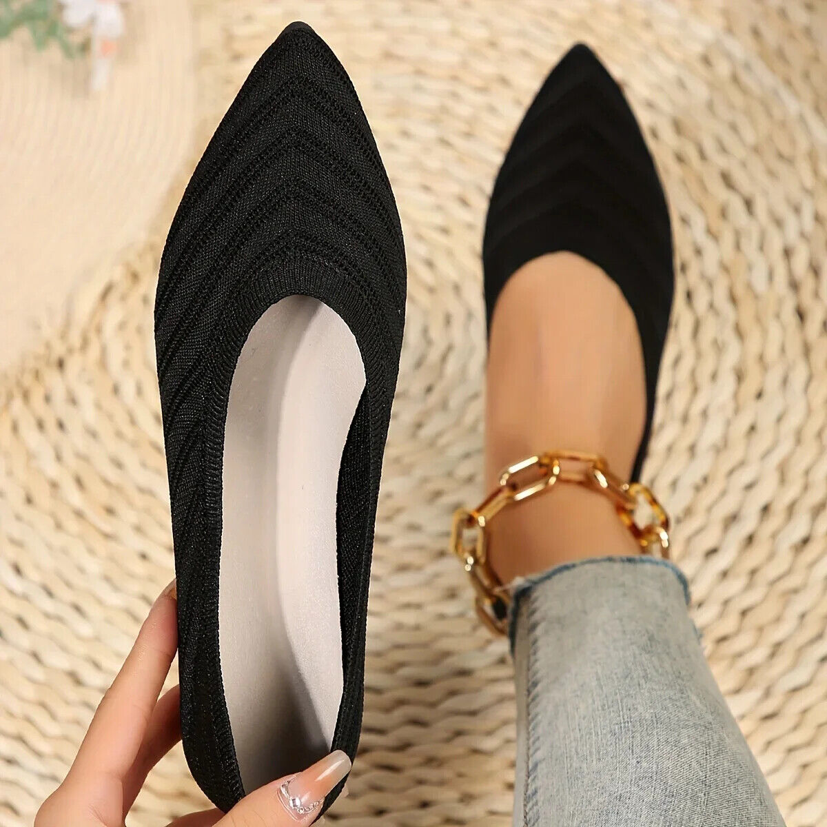 Pointed Toe Shoes Knitted Slip on Shoes Breathable Ballet Flats Loafers Comfort - Picture 19 of 25