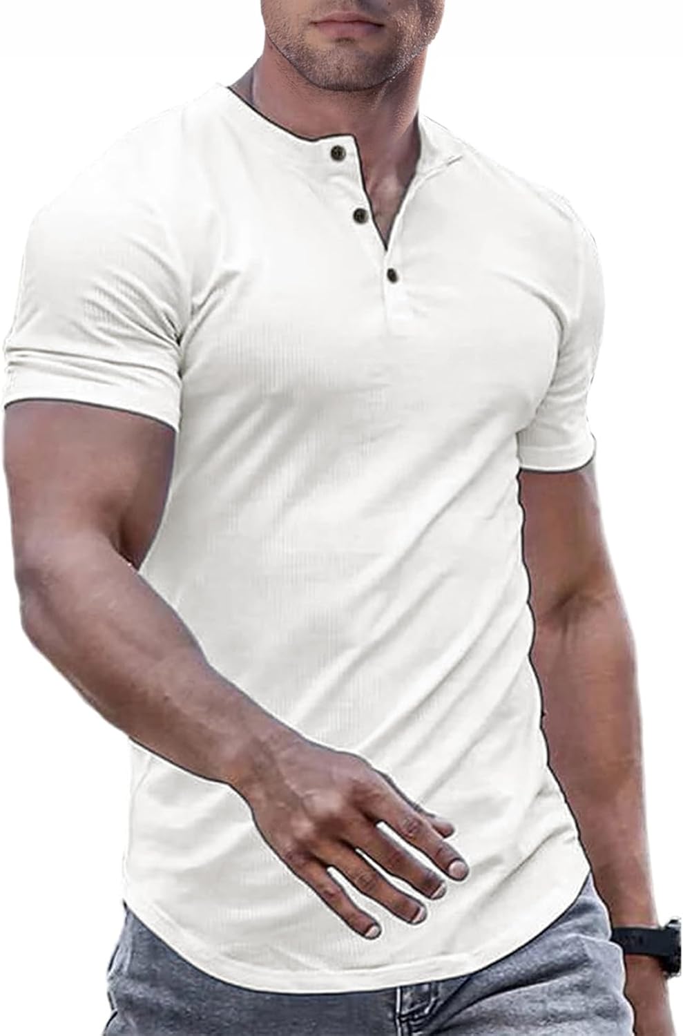 Men's Muscle Slim Henley Shirts Crewneck T-Shirt Gym Workout Athletic Shirt Tees - Picture 23 of 202
