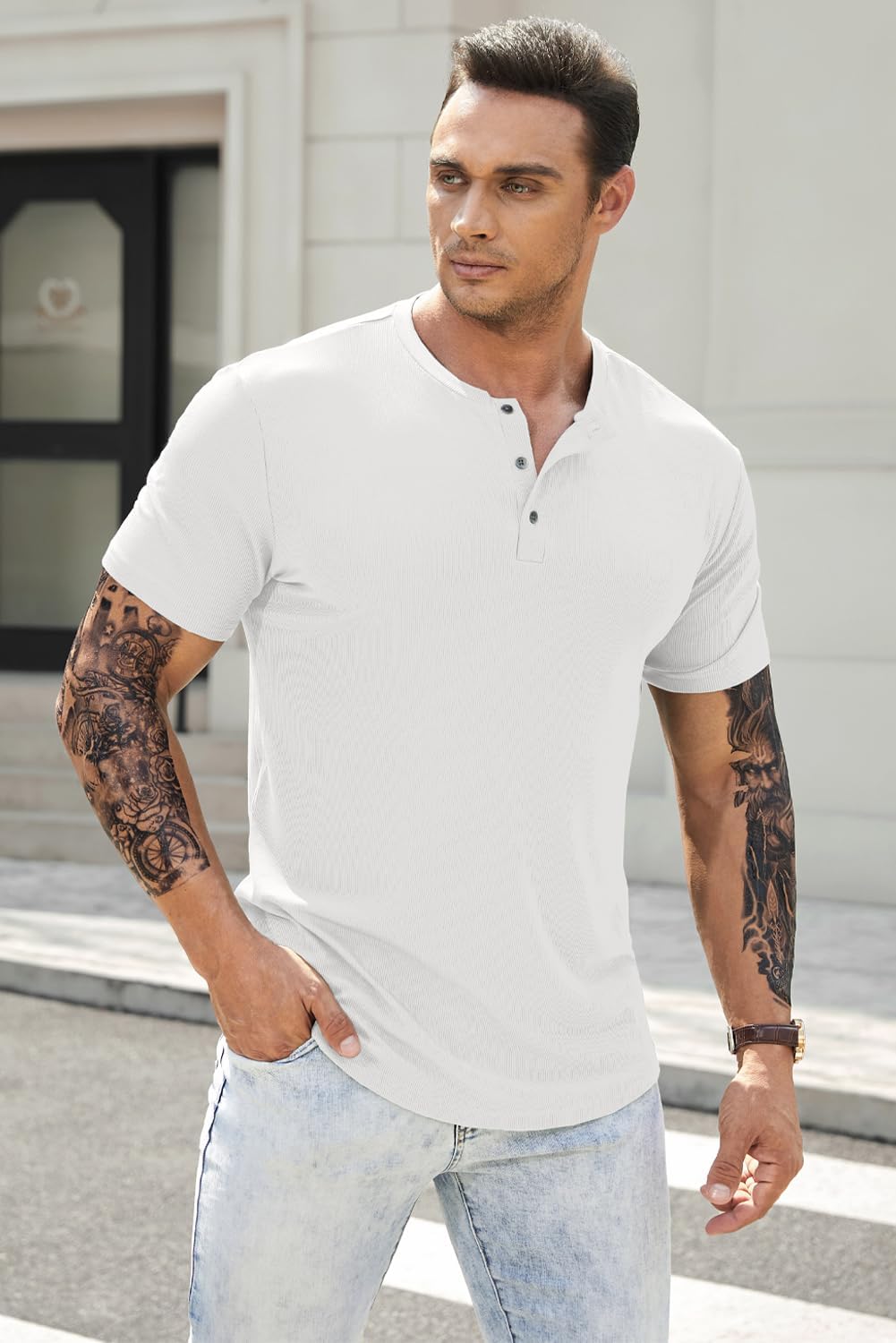 Men's Muscle Slim Henley Shirts Crewneck T-Shirt Gym Workout Athletic Shirt Tees - Picture 27 of 202