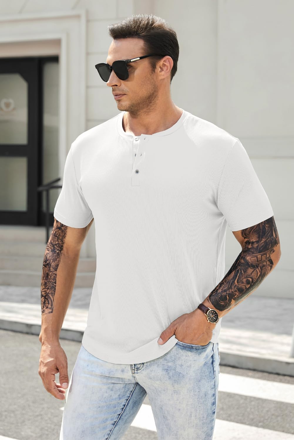 Men's Muscle Slim Henley Shirts Crewneck T-Shirt Gym Workout Athletic Shirt Tees - Picture 28 of 202