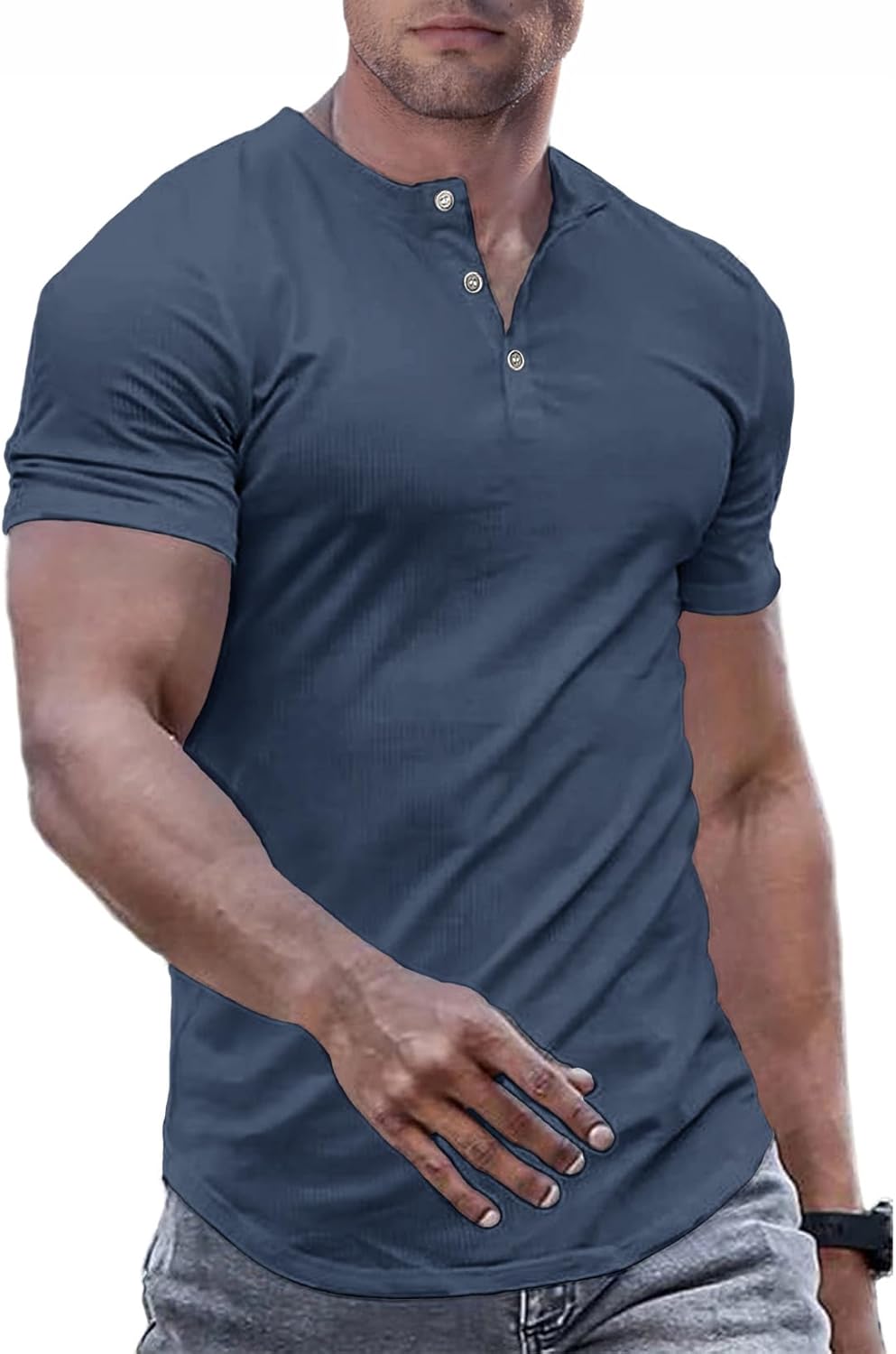 Men's Muscle Slim Henley Shirts Crewneck T-Shirt Gym Workout Athletic Shirt Tees - Picture 31 of 202