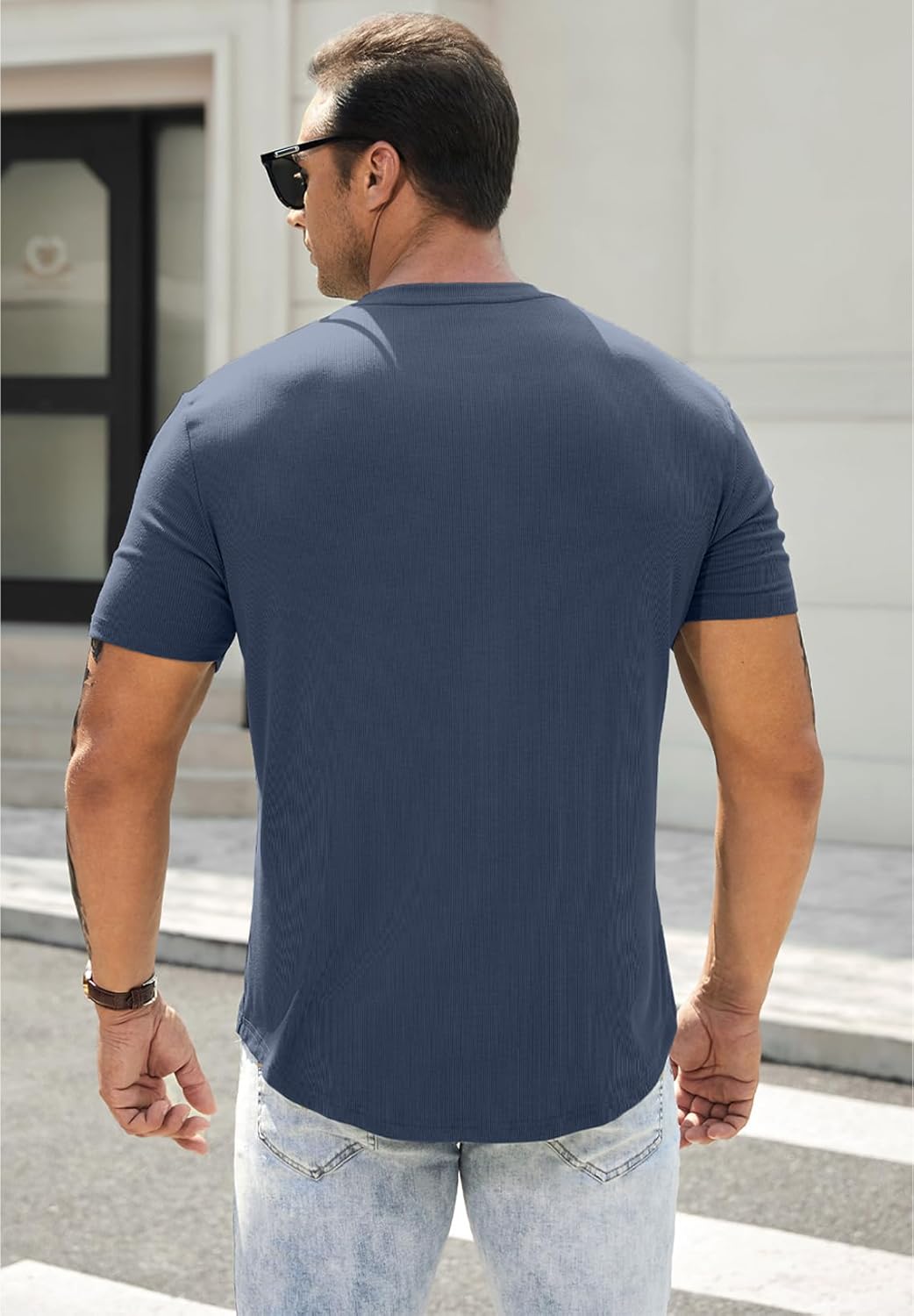 Men's Muscle Slim Henley Shirts Crewneck T-Shirt Gym Workout Athletic Shirt Tees - Picture 32 of 202