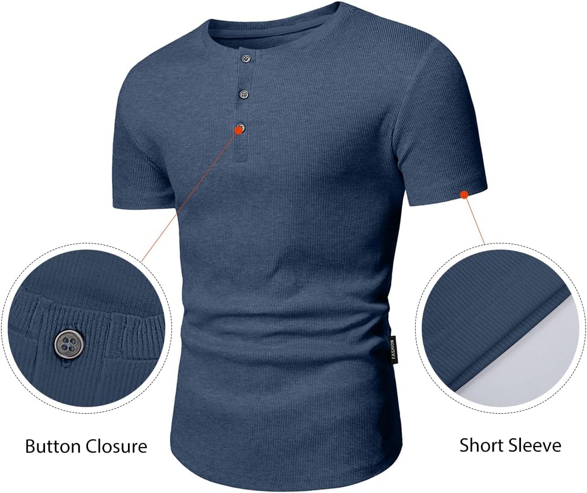 Men's Muscle Slim Henley Shirts Crewneck T-Shirt Gym Workout Athletic Shirt Tees - Picture 33 of 202